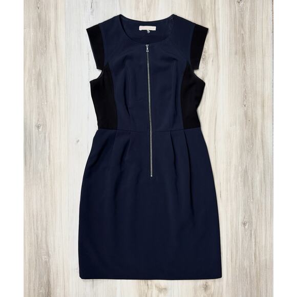 Rebecca Taylor Sheath Dress Size 6 Womens Cap Sleeve Zip Front Navy Blue Black - Picture 2 of 13